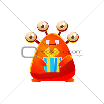 Red Toy Monster Holding Wrapped Gift