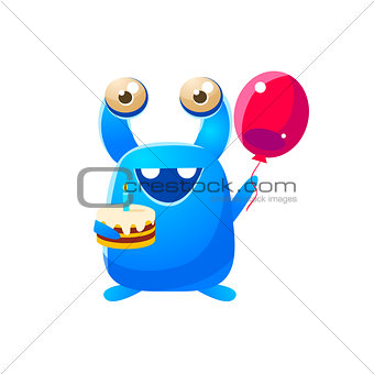 Blue Toy Monster Holding A Balloon And Cake