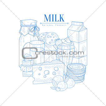 Milk And Dairy Products Hand Drawn Realistic Sketch
