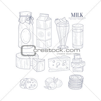 Milk And Dairy Products Isolated Icons Hand Drawn Realistic Sketch