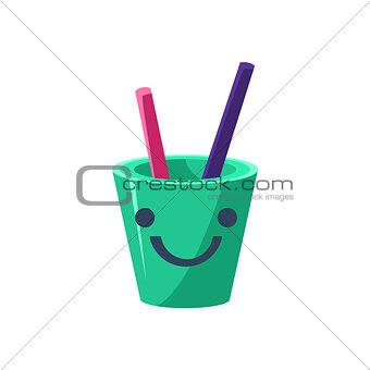 Pencil Holder Cup Primitive Icon With Smiley Face