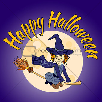 Cute little witch flying - Happy Halloween card