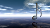 music note in glass cube under cloudy sky - 3d rendering