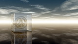 pacific symbol in glass cube under cloudy sky - 3d rendering