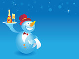Snowman-waiter with champagne on blue