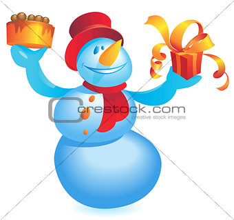 Snowman with cake and gift