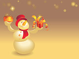 Snowman with cake and gift on gold