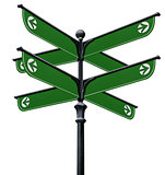 A black pillar with green signs