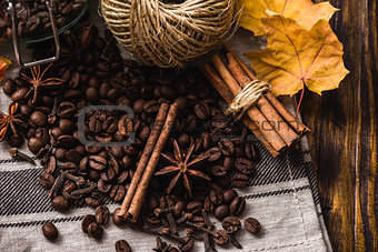Autumn spices with coffe beans on the table