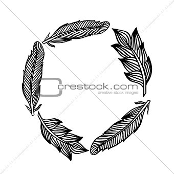 Feathers frame with colorfull print. Vector illustration.