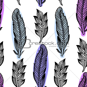 Colorful seamless pattern with feathers. Boho Style Elements. Vector Drawing. 