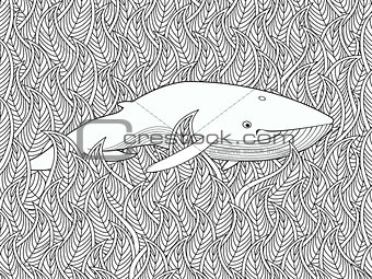 Coloring page with whale in the floral sea.