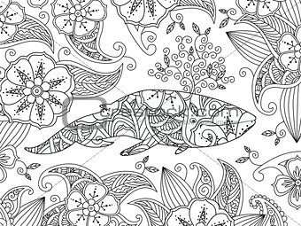 Coloring page with ornate whale on flower background.