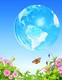 Summer grass, flowers insect and Earth on blue sky background