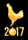 Happy 2017 Chinese New Year card. Vector poster of a golden rooster isolated on black background. Design template for prints, covers, posters, gift cards.