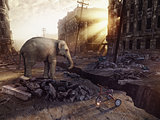 an elephant and the ruins of a city
