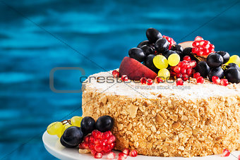Delicious homemade honey cake decorated with fresh fruits