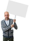 angry guy with blank placard on a stick.