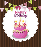 Color Glossy Happy Birthday Flags and Cake Banner Background Vec