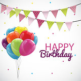 Happy Birthday Card Template with Balloons, Ribbon and Candle Ve