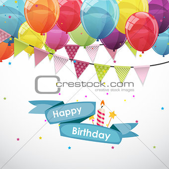 Happy Birthday Card Template with Balloons and Flags Vector Illu