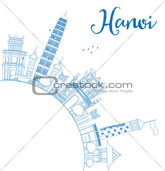 Outline Hanoi skyline with blue Landmarks and copy space.