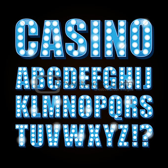 Vector blue neon lamp letters font show casino or theather