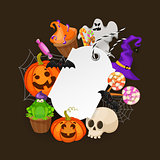 Halloween Gift Tags with autumn tree, bats, candy, spider, pumpkins and ghost on white background. Perfect for holiday greetings