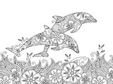Coloring page with pair of jumping dolphins in the sea.