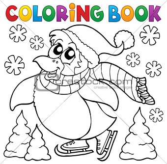 Coloring book happy skating penguin