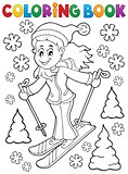 Coloring book skiing woman theme 1