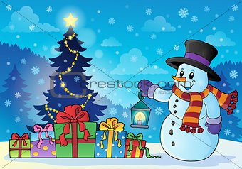Snowman near Christmas tree theme 1