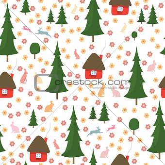 rabbits running around in the woods, the houses, Christmas trees, seamless pattern on white background