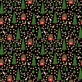 rabbits running around in the woods, the houses, Christmas trees, seamless pattern on black background