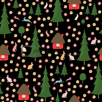 rabbits running around in the woods, the houses, Christmas trees, seamless pattern on black background