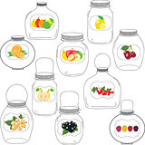 Jars set, label with fruits and berries, vector illustration