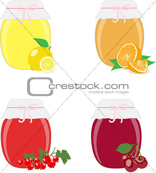 Jam jars, lemons, oranges, currants and cherries. Isolated On White Background, Vector Illustration
