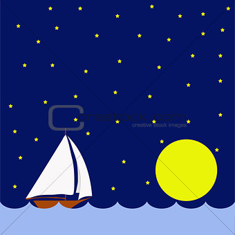 Sailing boat in the night, huge moon