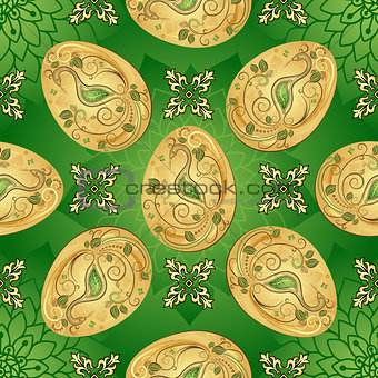 Easter seamless green pattern with golden eggs 