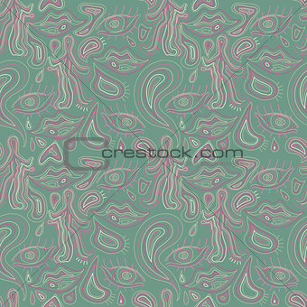 Outline hand drawn vector eye, love, smile seamless green pattern. Cute doodle modern abstract elements