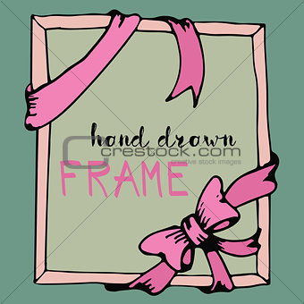 Hand drawn frame. Pink bow and ribbon border