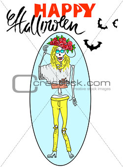 Human skeleton with fashionable clothes. Los muertos. Halloween skull Queen of the Damned. Vector illustration. Happy Halloween lettering