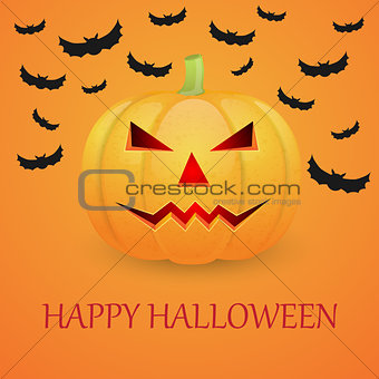 Halloween background with pumpkin and flying bat.