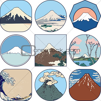 Set of picturesque sketches of Mount Fuji