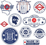 Yokohama, Japan. Set of stamps and signs