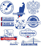 Vladivostok, Russia. Set of stamps and signs