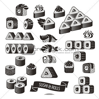 Set of black and white sushi icons