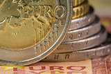 Euro money: closeup of banknotes and coins