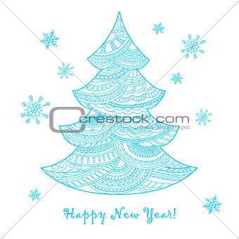 Christmas card with hand drawn decorated blue fir-tree