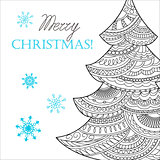 Christmas card with hand drawn decorated fir-tree